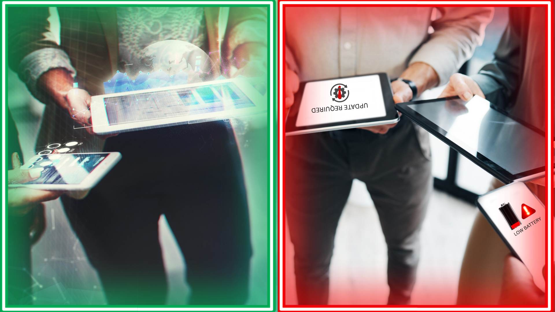 Right vs. wrong device management outcomes. Uncharged and outdated tablets are consequences of poor device management.